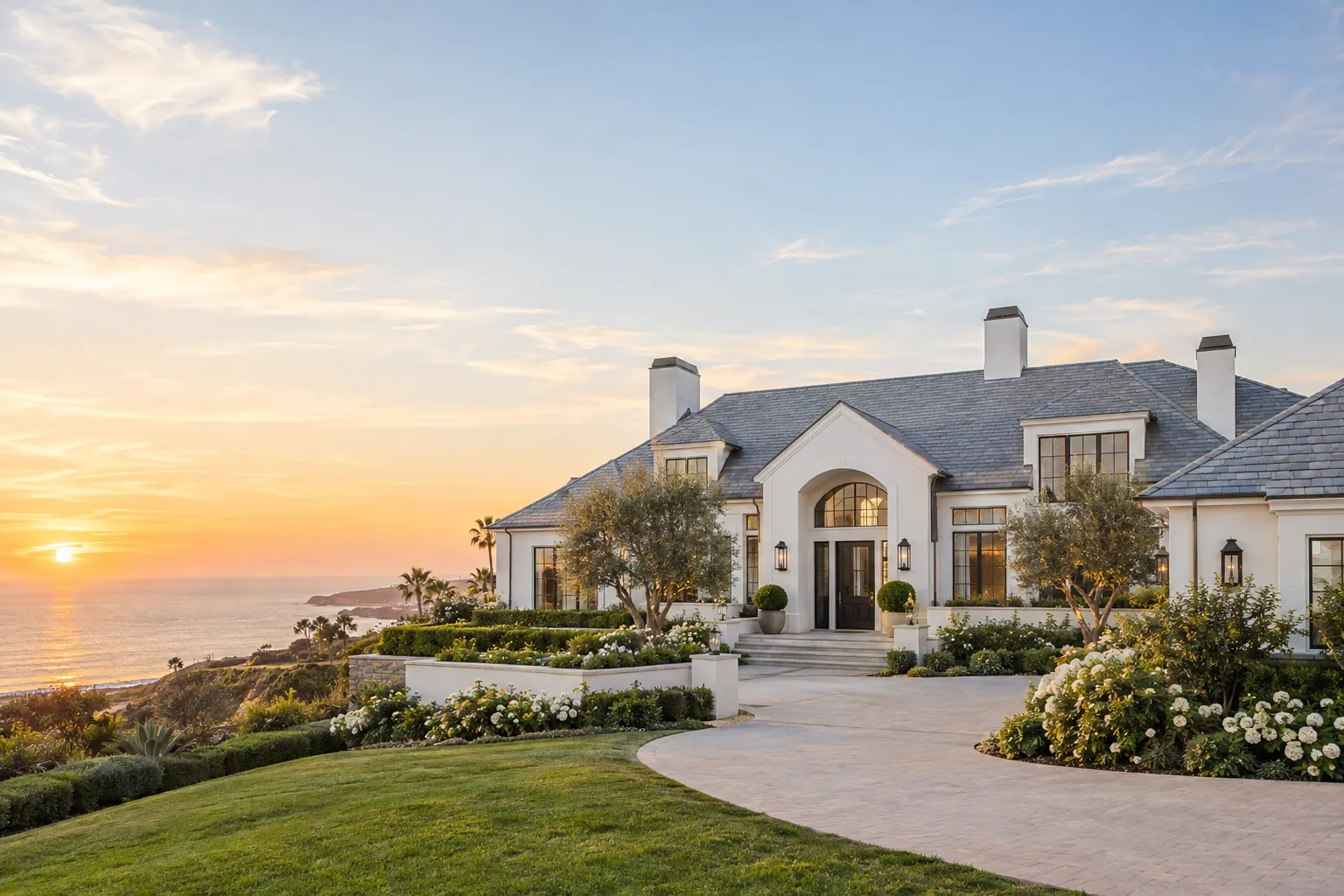 Coastal Southern California estate home with a gray slate-style roof at golden hour