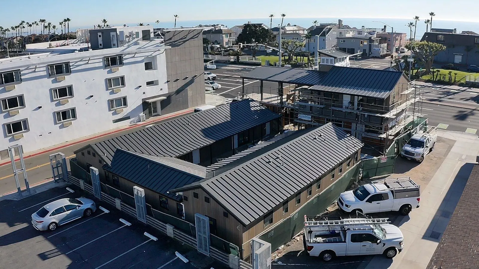 Drone view of the Pine Knot Motel with new standing seam metal roof