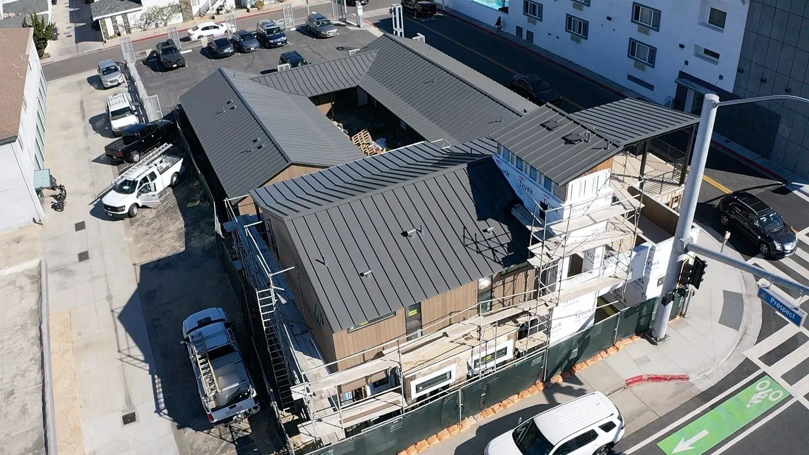 Overhead view of the Pine Knot Motel standing seam roof