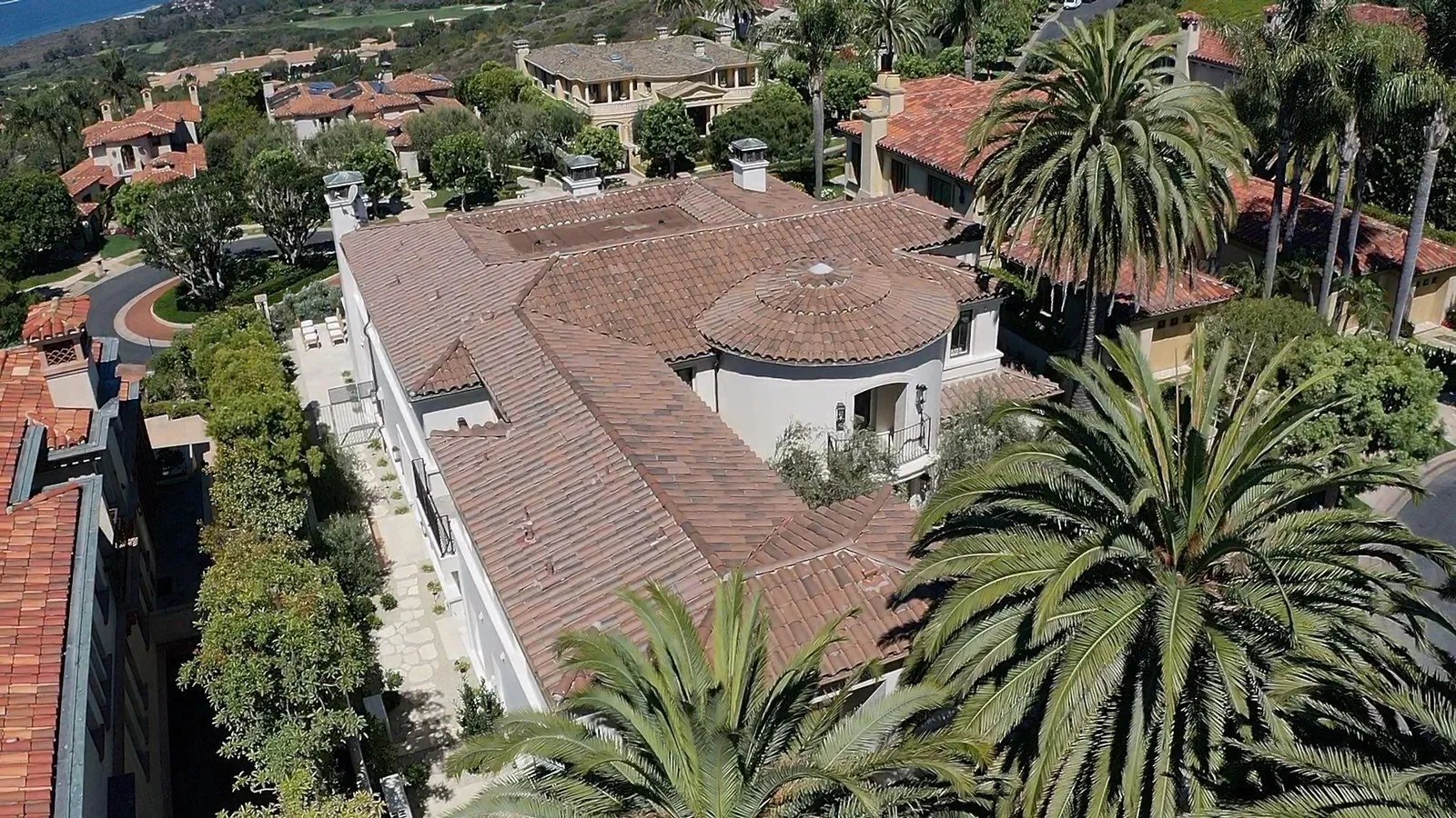 Overhead view of a tile roof surrounded by palm trees