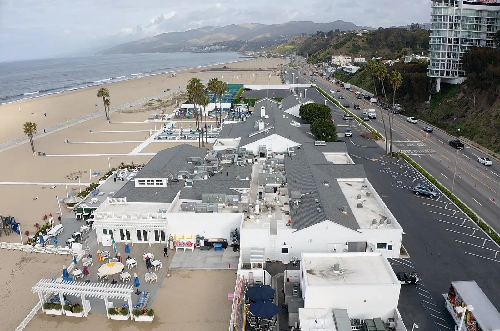 Aerial view of the Santa Monica Beach Club roofs along the beach