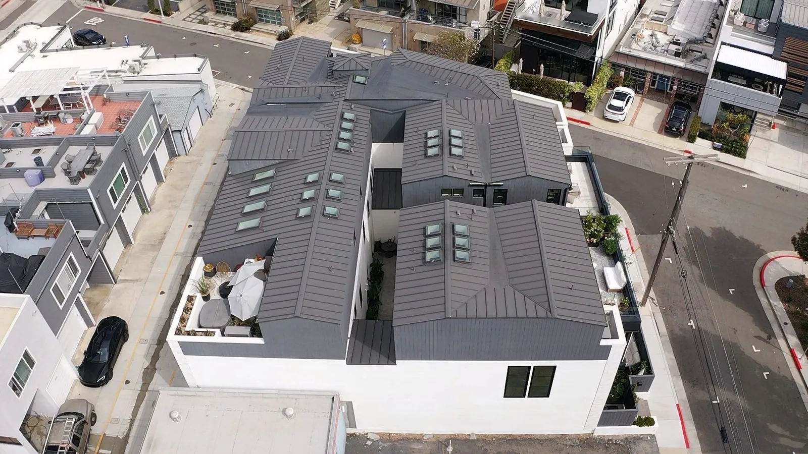Overhead view of standing seam metal roof with skylights